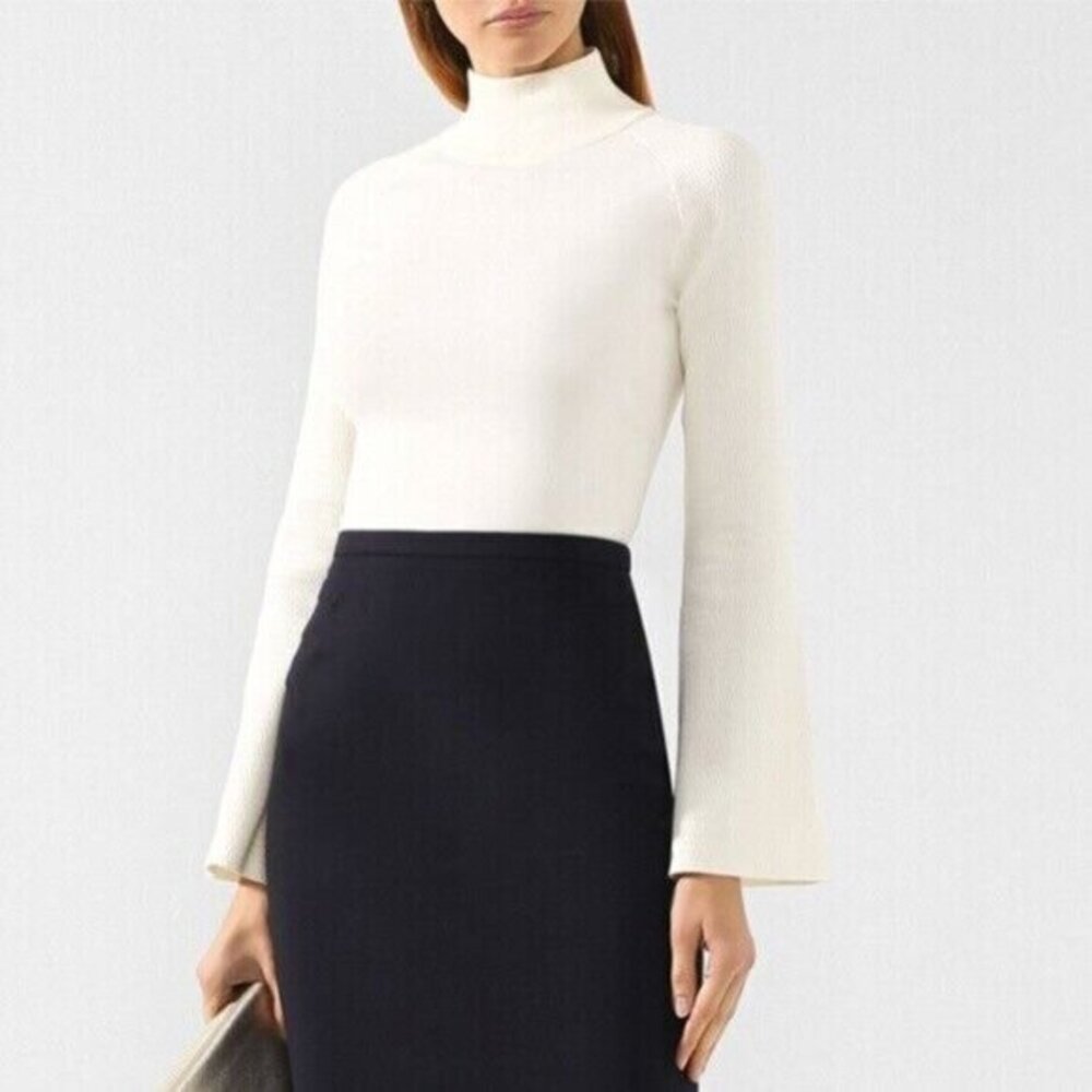 Emporio Armani White Sweater Textured Bell Sleeve Mock Neck SZ 48 IT New